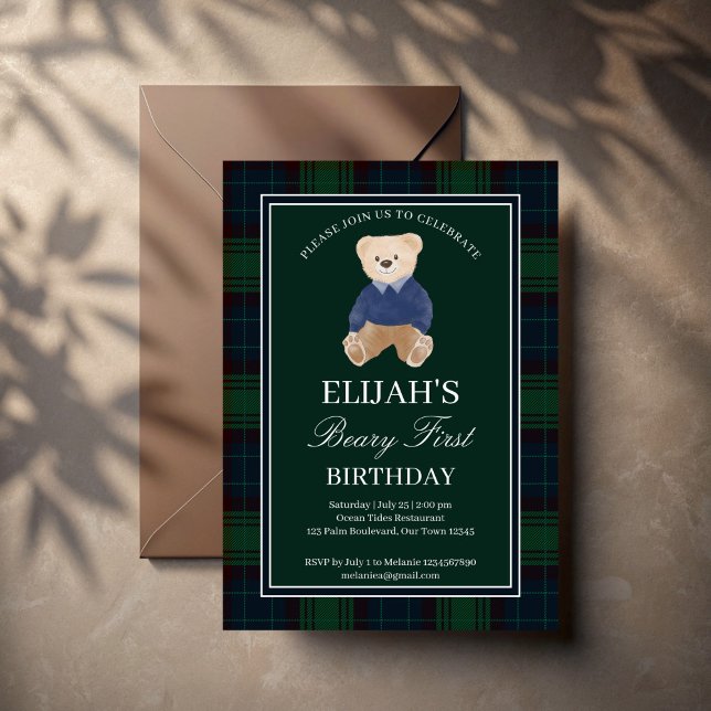 Convite Festa de aniversário de ursinho de xadrez verde (Green plaid polo teddy bear birthday party invitation cards template cute teddy elegant invites)