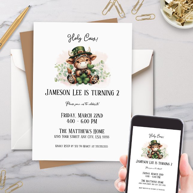 Convite Festa de aniversário de Vaca das Terras Altas de M (cute highland cow scottish birthday party invitation for kids holy cow lucky march party invites)