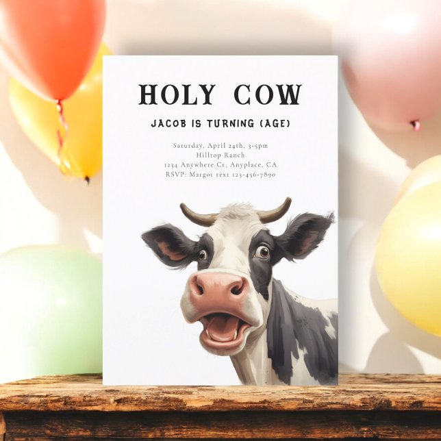 Convite Festa de aniversário de vaca sagrada (holy cow cute simple birthday invitation featuring a fun  watercolor cow looking shocked )