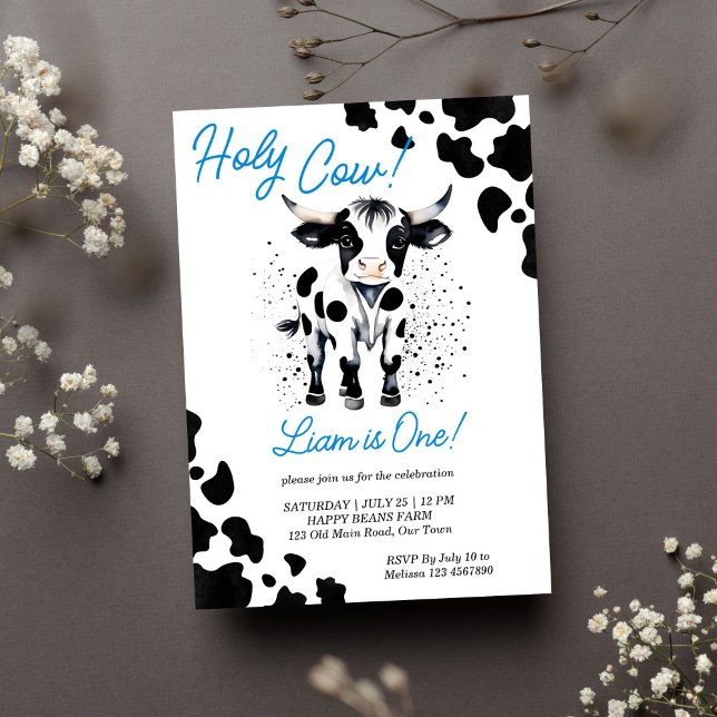 Convite Festa de aniversário de vacas negras e azuis (Holy cow birthday party template invitation instant download cute baby bull first birthday black)