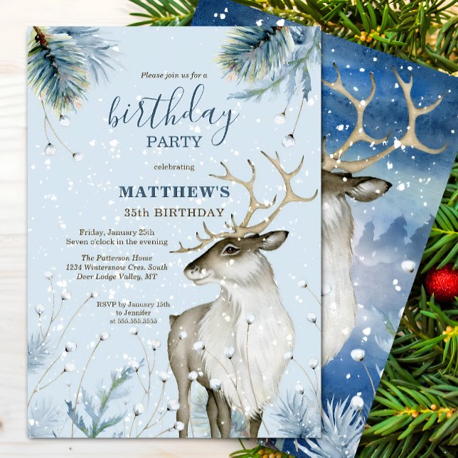 Convite Festa de aniversário de veados da Woodland Winter (Winter wonderland deer birthday party invitation front and back view.)