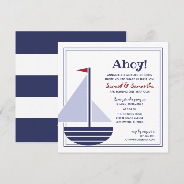 Convite festa de aniversário de veleiro em QUALQUER IDADE (Frente/Verso)
