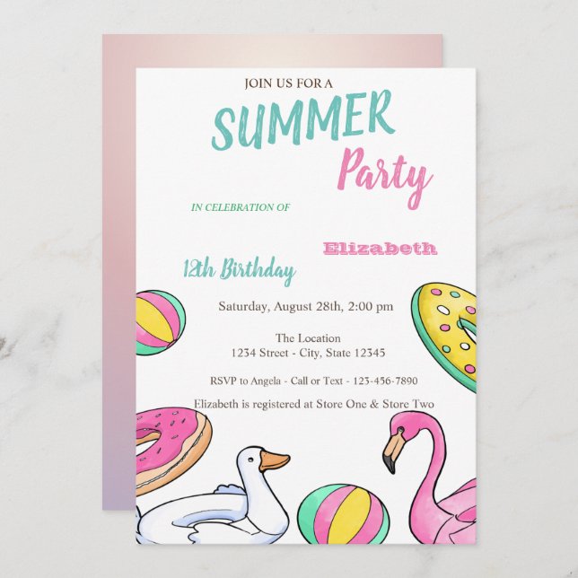 Convite Festa de aniversário de Verão da Festa piscina (Frente/Verso)