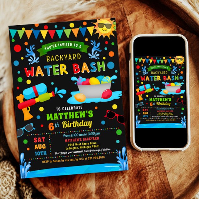 Convite Festa de aniversário de verão de Bacia de Água (Water Bash Summer Boy Birthday Party Invitation)