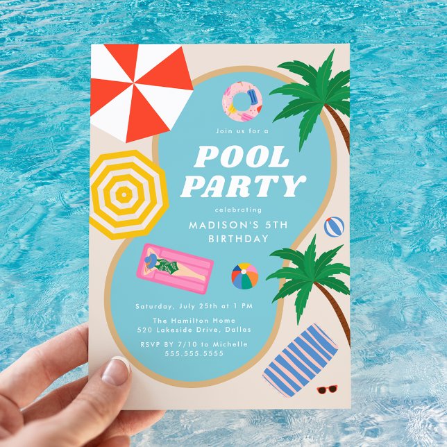 Convite Festa de Aniversário de Verão Moderna na Piscina (Criador carregado)