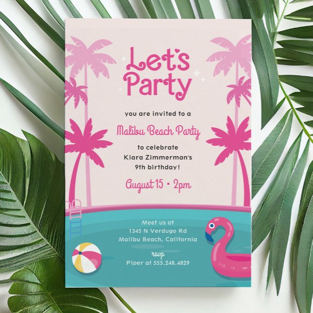 Convite Festa de Aniversário de Verão na Piscina da Praia  (Malibu beach doll party invitation with swimming pool, palm trees and flamingo)