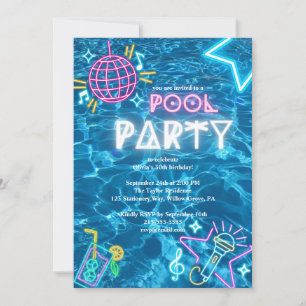 Convite Festa de Aniversário de Verão Neon na Piscina