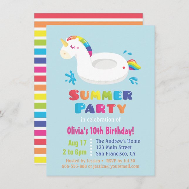 Convite Festa de aniversário de Verão para crianças flutua (Frente/Verso)
