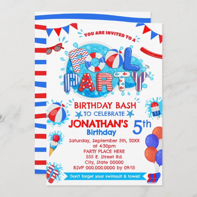 Convite Festa de aniversário de Verão piscina Vermelha Azu (Frente/Verso)