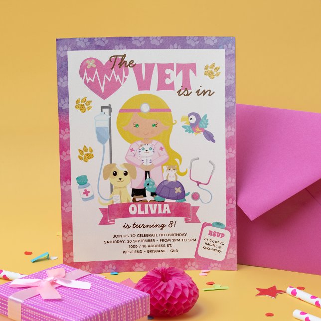 Convite Festa de aniversário de Vet da Menina Loura Verde (The cat is definitely out of the bag on this girl’s vet birthday invitation.)
