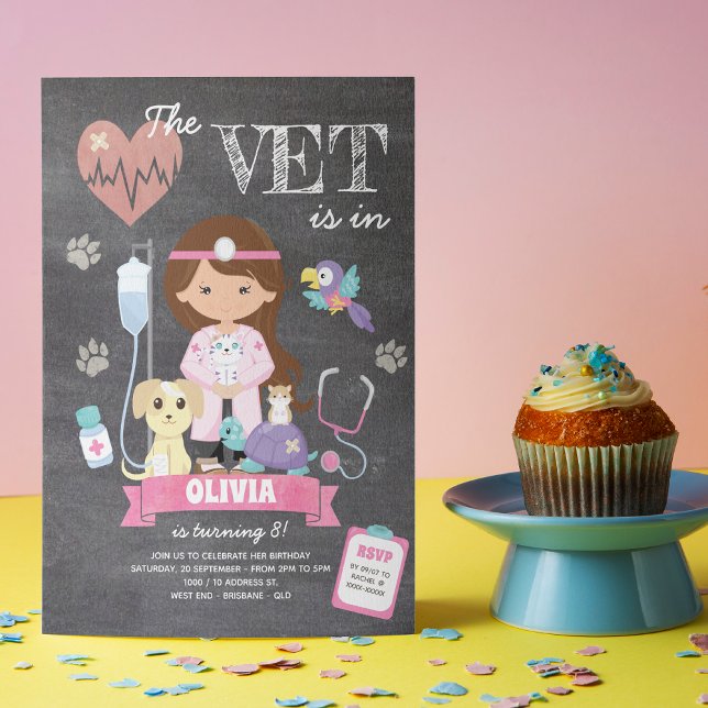 Convite Festa de aniversário de Vet de Brunette Chalkboard (This girl’s vet birthday invitation is just the right medicine to your celebration!)