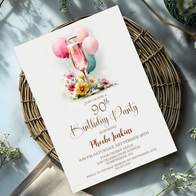 Convite Festa de aniversário de vidro de champanhe rosa (Criador carregado)