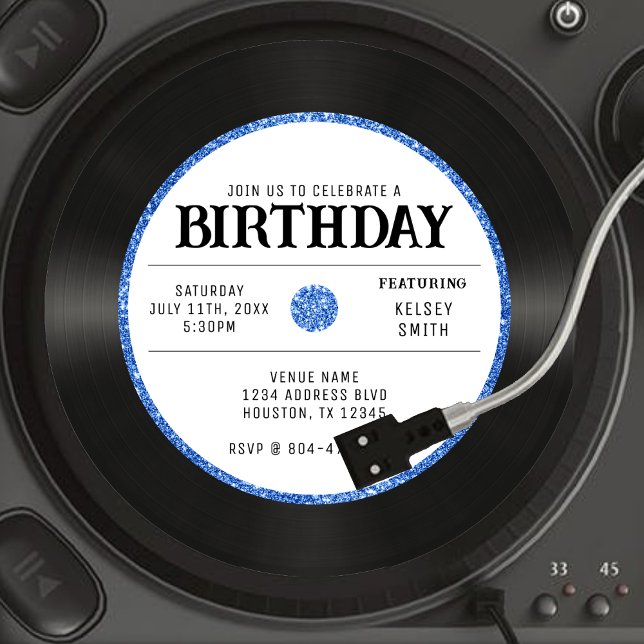 Convite Festa de aniversário de vinil com brilho azul retr (Retro Blue Glitter Vinyl Record Birthday Party Invitation
)