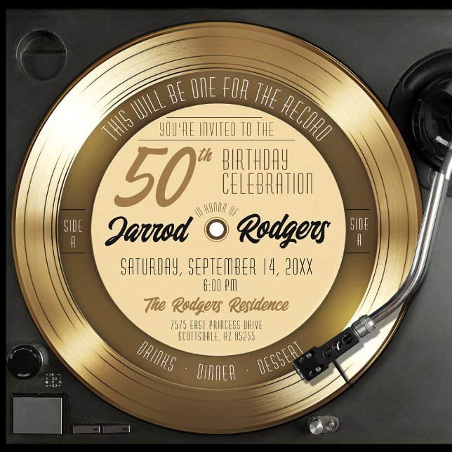 Convite Festa de aniversário de vinilo preto-e-Dourado ret (round circle shape retro solid gold vinyl record 50th birthday party invitation gold and black theme)
