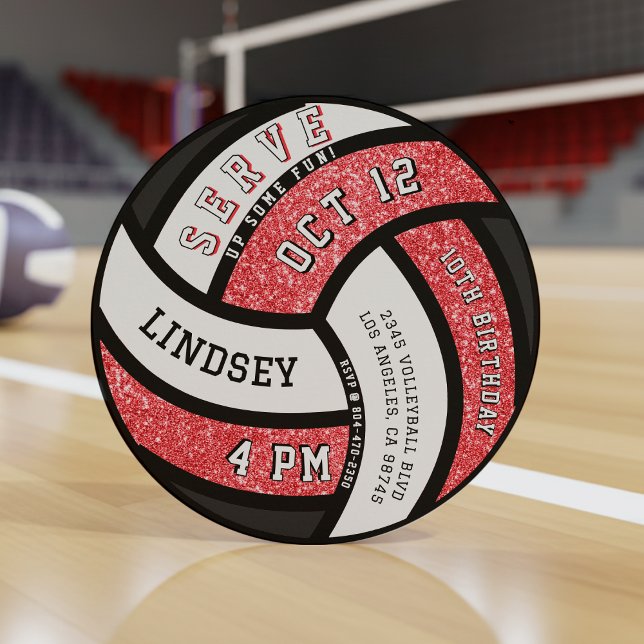 Convite Festa de aniversário de vôlei - Brilho vermelho (Volleyball Birthday Party Red Glitter Invitation
)