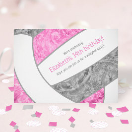 Convite festa de aniversário de vôlei de cinza rosa