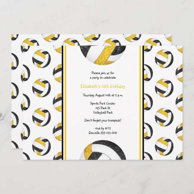 Convite festa de aniversário de vôlei de ouro negro (Frente/Verso)