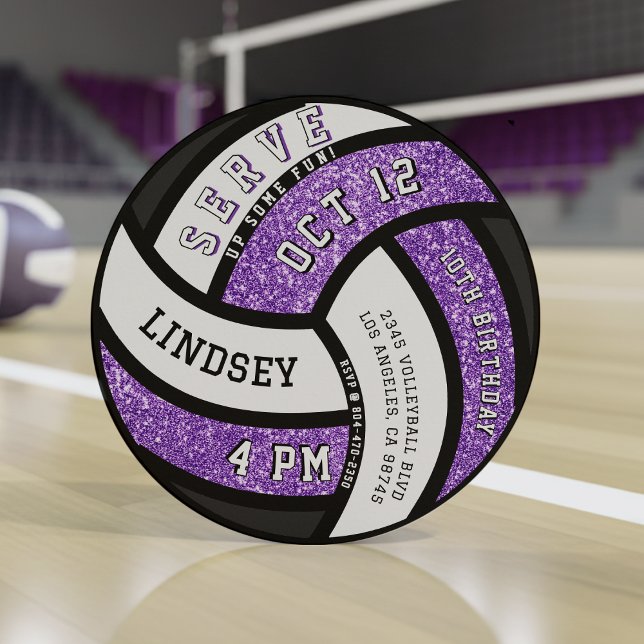 Convite Festa de aniversário de vôlei - Gliteira roxa (Volleyball Birthday Party Purple Glitter Invitation
)