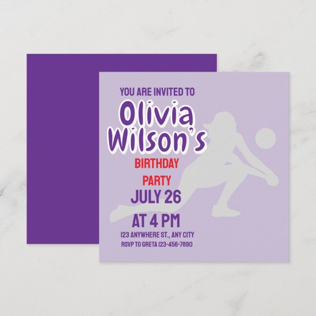 Convite Festa de aniversário de Voleibol, Jogadora de Vole (Frente/Verso)