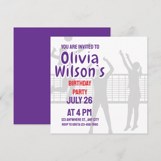 Convite Festa de aniversário de Voleibol, Jogadora de Vole (Frente/Verso)