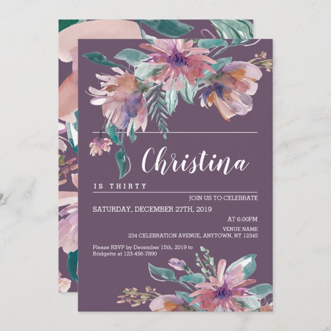 Convite Festa de aniversário de vovó Floral Púrpura pintad (Frente/Verso)