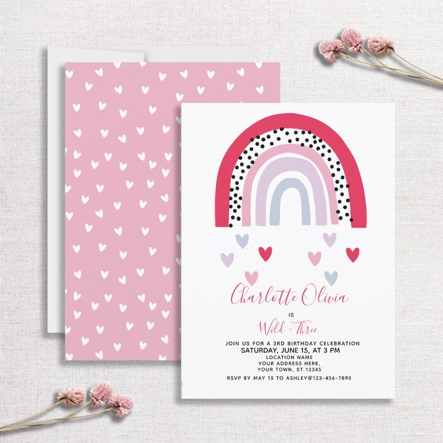 Convite Festa de aniversário de Wild & Three Pink Rainbow  (Criador carregado)