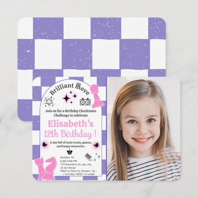 Convite Festa de aniversário De Xadrez Para Sua Rapariga F (Frente/Verso)