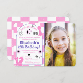 Convite Festa de aniversário de xadrez rosa para raparigas