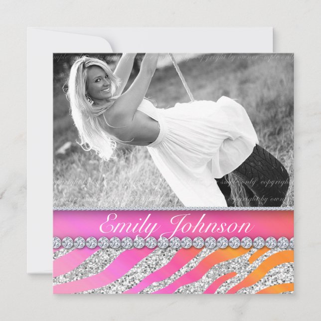 Convite Festa de Aniversário de Zebra Jóias Rosa Laranja (Frente)