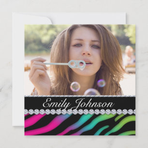 Convite Festa de Aniversário de Zebra Jóias Rosa Verde Azu