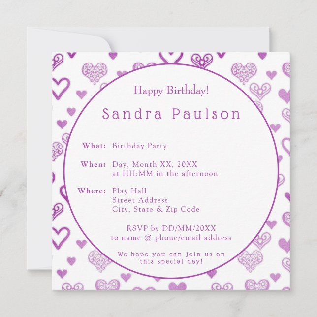 Convite Festa de aniversário Decorativa de Corações Roxos  (Frente)