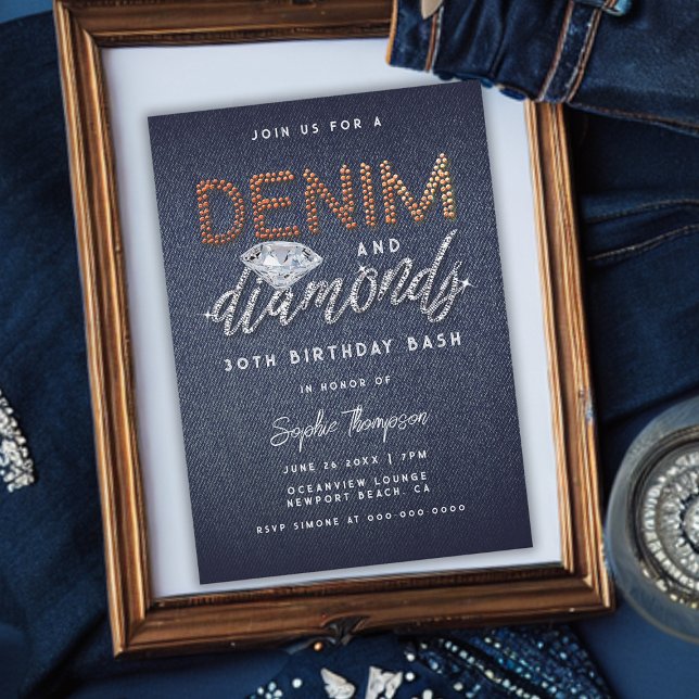 Convite Festa de aniversário Denim Diamantes Brass Rhinest (Elegant Denim and Diamonds 30th Birthday Party Invitation Simple Modern Classy)