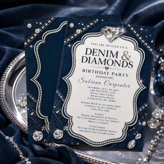 Convite Festa de Aniversário Denim & Diamonds Azul Naval (Criador carregado)