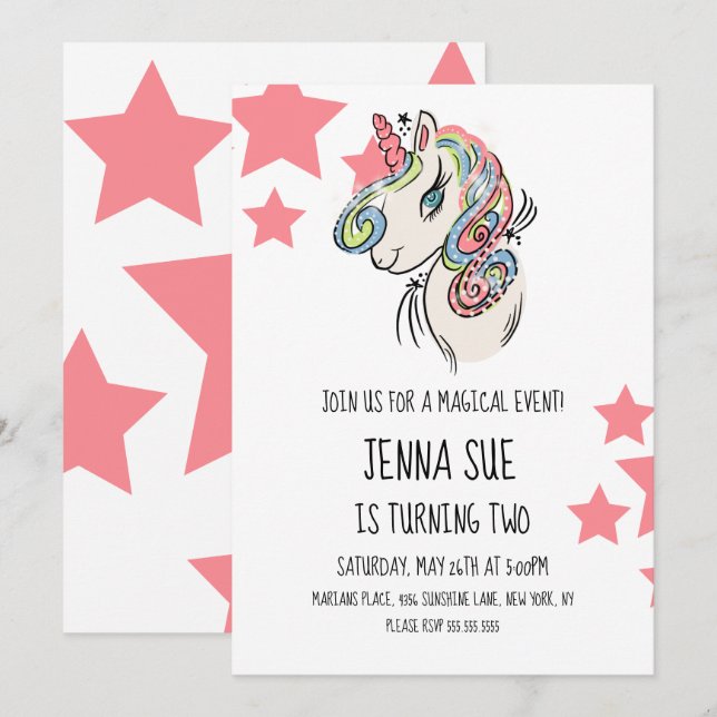 Convite Festa de Aniversário Desenhada à Mão com Estrelas  (Frente/Verso)