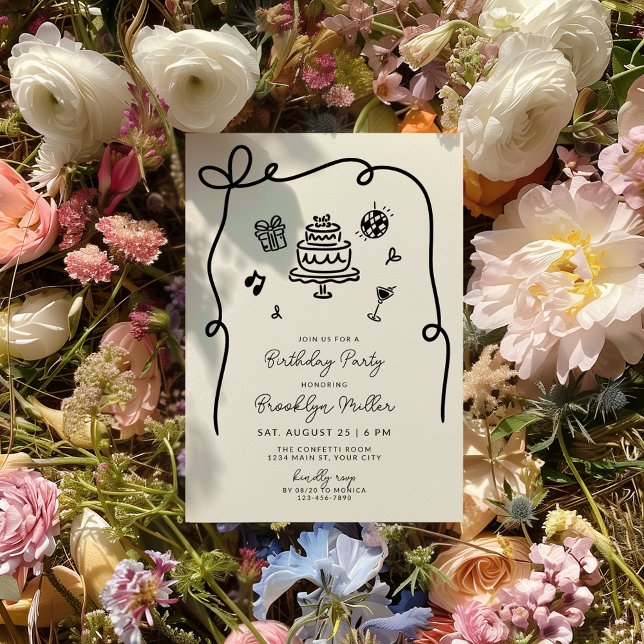 Convite Festa de aniversário Desenhada Da Mão (Whimsical Hand Drawn Birthday Invite)