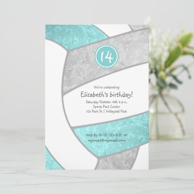 Convite festa de aniversário desportiva de vôlei de cinza  (Em pé/Frente)