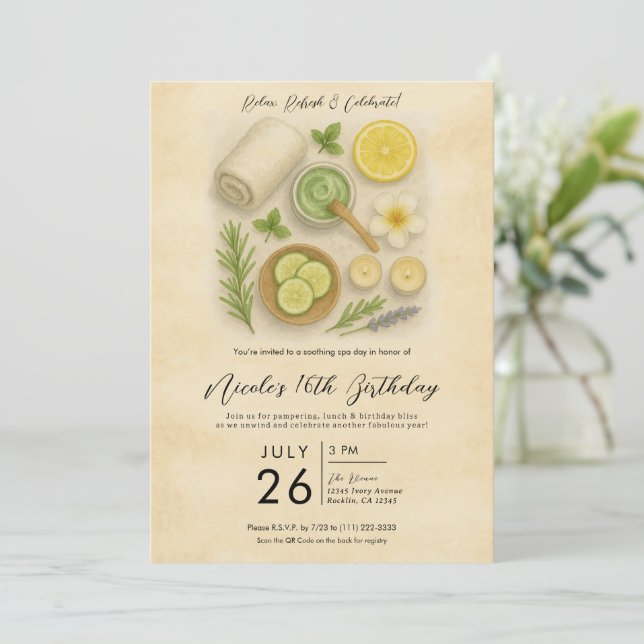 Convite Festa de Aniversário Dia de Beleza Luxuosa Spa (Em pé/Frente)