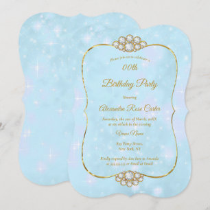 Convite Festa de Aniversário Diamante Azul Dourado Bonito