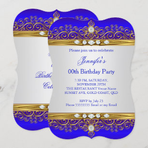 Convite Festa de Aniversário Diamante Branco Dourado Azul 