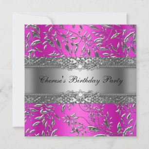 Convite Festa de Aniversário Diamante Rosa Floral Prata
