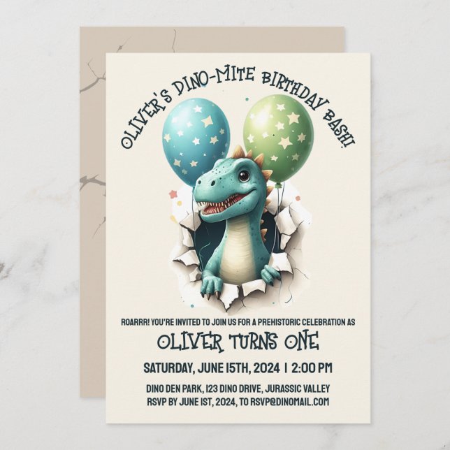 Convite Festa de Aniversário Dino-Mite (Frente/Verso)