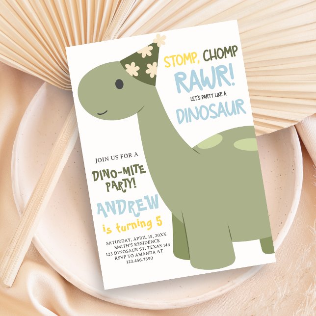 Convite Festa de Aniversário Dino Stomp Chomp Rawr (Dinosaur Birthday Party Invitation)