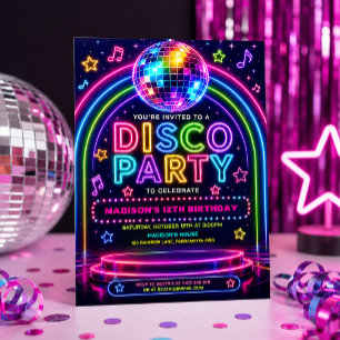 Convite Festa de Aniversário Disco Neon Glow para Pré-Adol