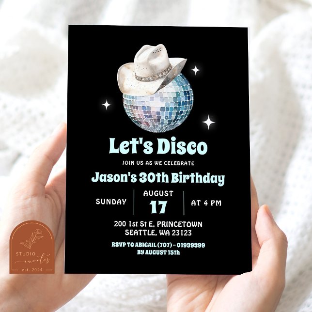 Convite Festa de Aniversário Disco Preto e Branco dos Anos (Criador carregado)