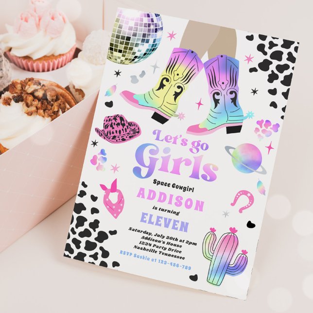 Convite Festa de aniversário Disco Rodeo Cowgirl do Espaço (Criador carregado)