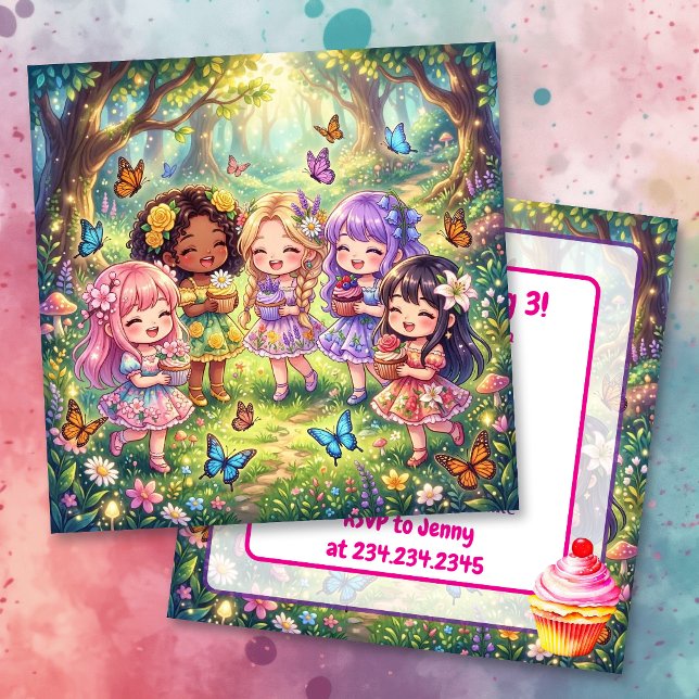 Convite Festa de Aniversário Diversa de Meninas Chibi com  (Criador carregado)