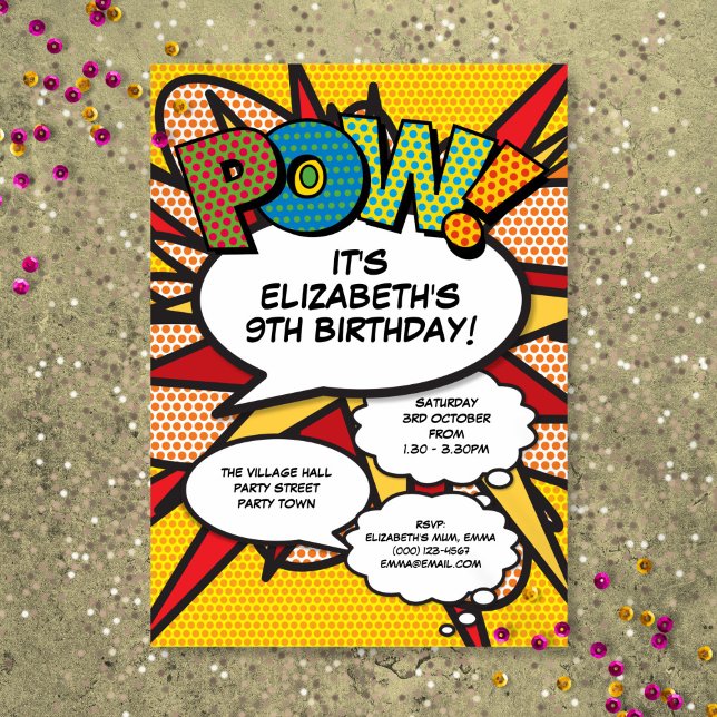 Convite Festa de Aniversário Divertida Contemporânea Histó (Modern Fun Birthday Party Comic Book Any Age Invitation)