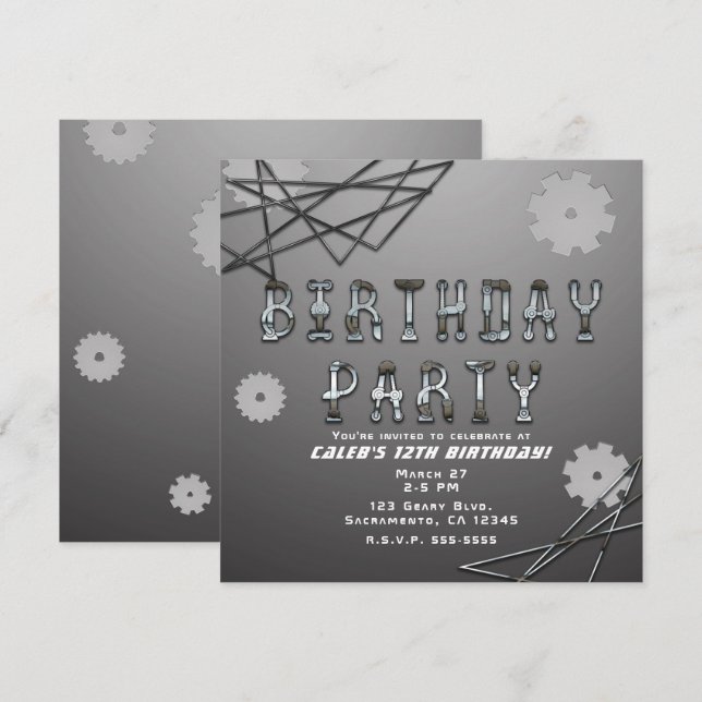 Convite Festa de Aniversário Divertida Robô Futurista Engr (Frente/Verso)