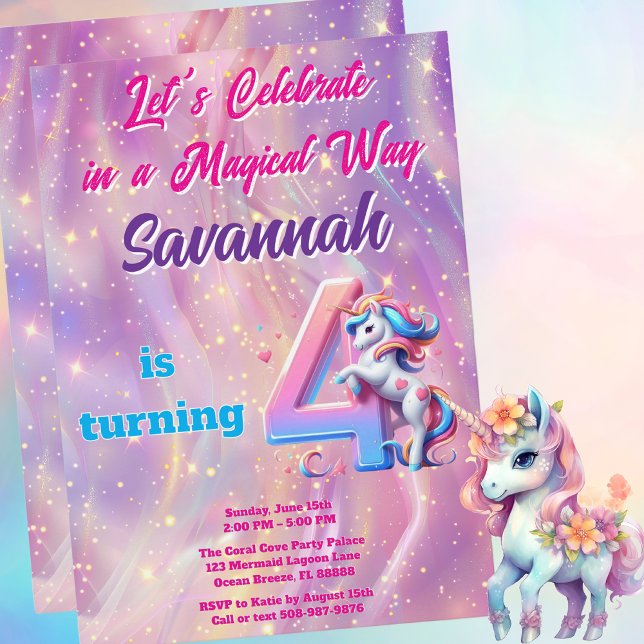 Convite Festa de Aniversário do 4º aniversário da Iridesce (Magical Unicorn Birthday Party Invitation)