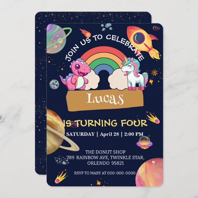 Convite Festa de aniversário do arco-íris do dinossauro bo (Frente/Verso)